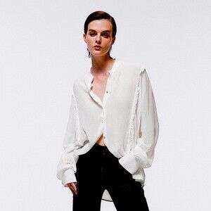 Massimo Dutti White Crepe Side Ruffle Blouse with Stand Up Collar Size Small